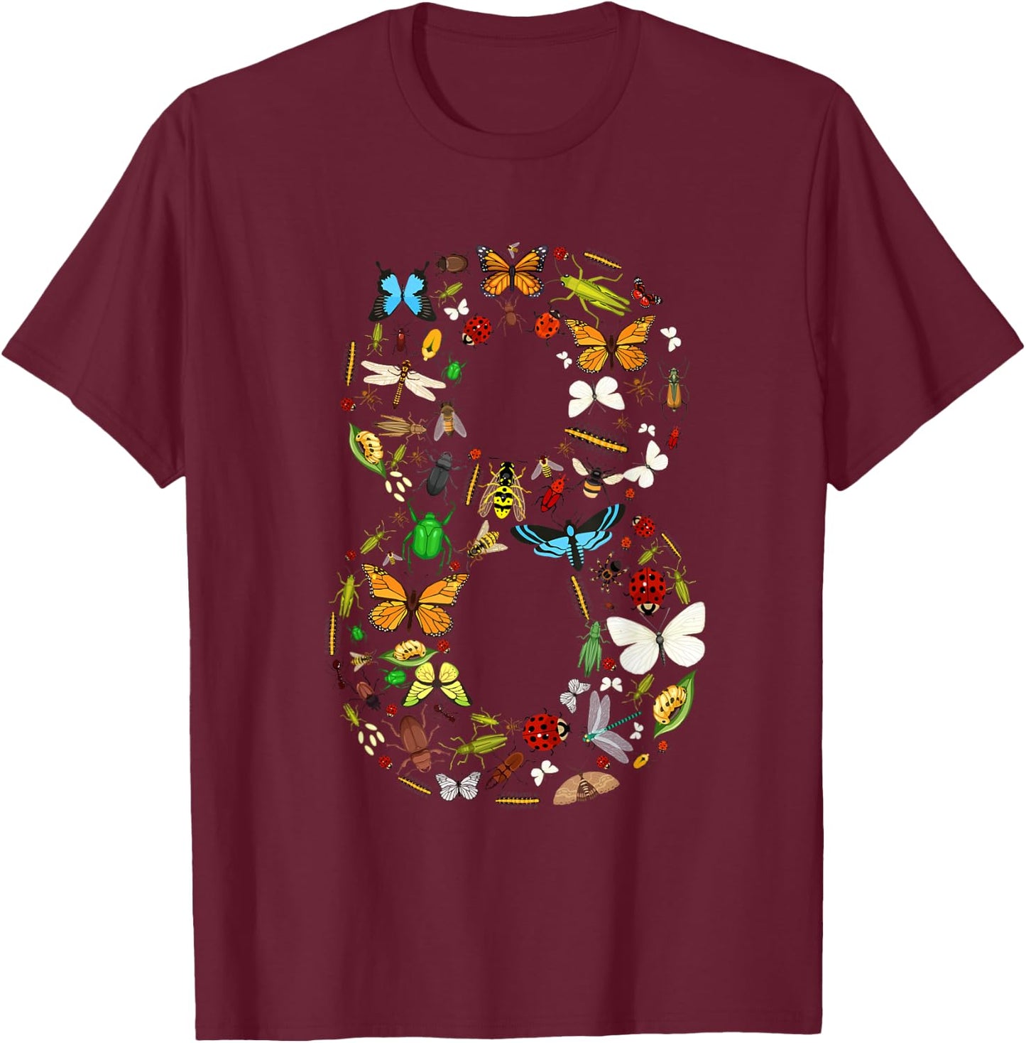 8 Years Old Eight Bug 8th Birthday Bugs Insects Boy Girl T-Shirt - T-Shirt | Maroon