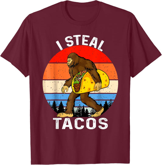 Funny I Steal Tacos Bigfoot Carrying Taco Cinco De Mayo 2025 T-Shirt - T-Shirt | Maroon