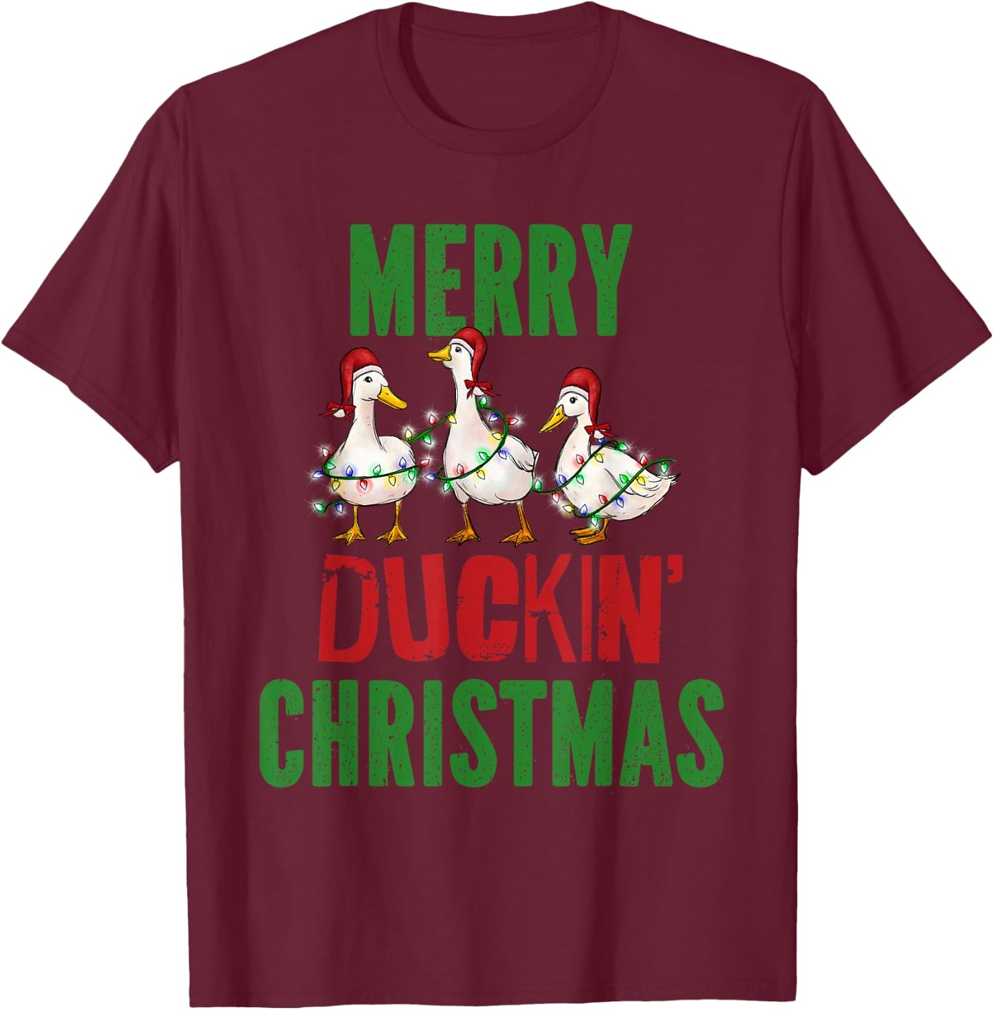 Merry Duckin Christmas Duck Pun Funny Christmas Light Ducks T-Shirt - T-Shirt | Maroon
