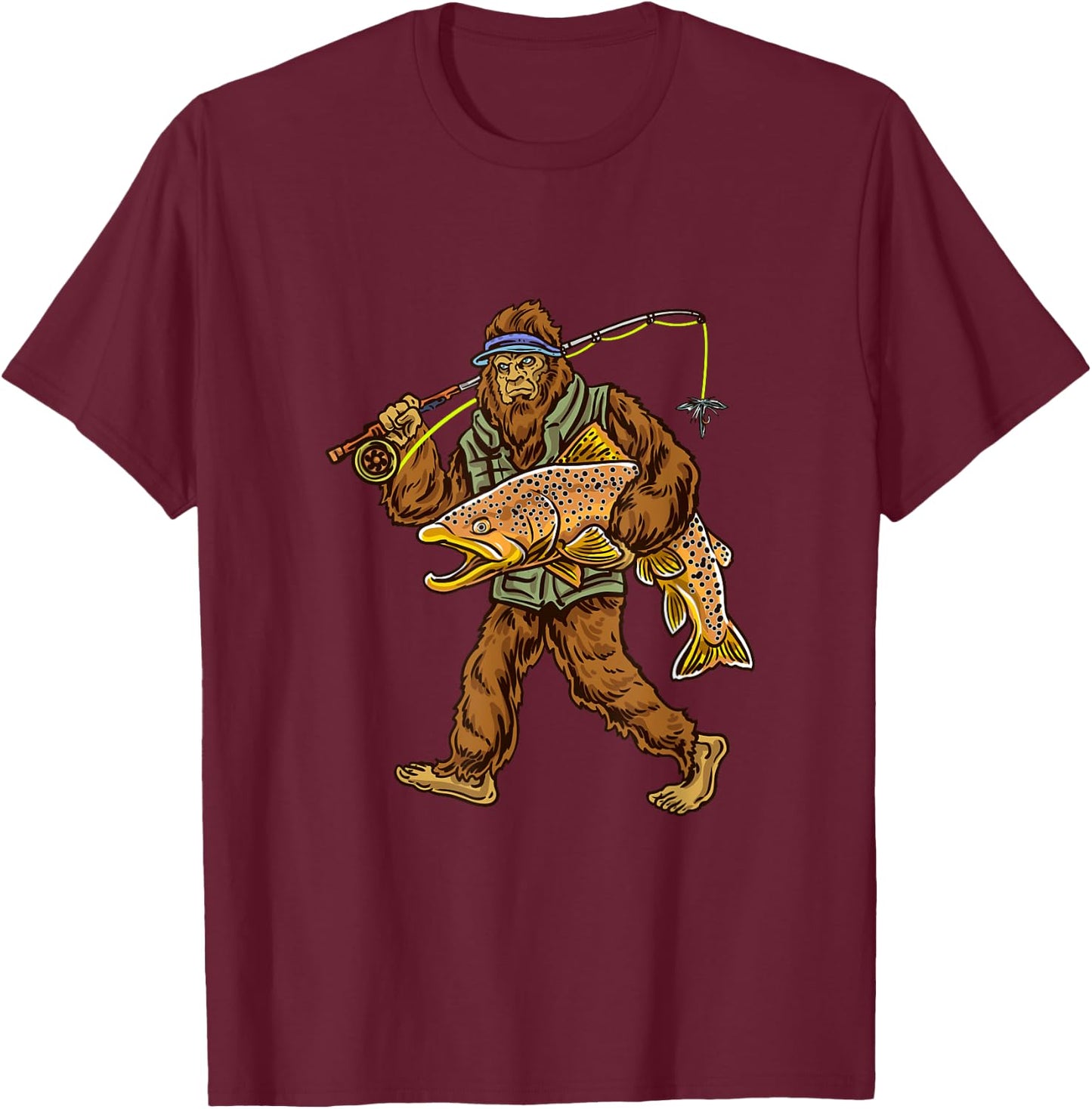 Brown Trout River Fishing Bigfoot Hunting Fishermen T-Shirt - T-Shirt | Maroon