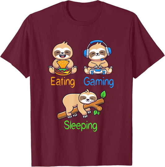 Eating Gaming Sleeping Gamer Sloth Men Kids T-Shirt - T-Shirt | Maroon