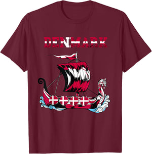 Denmark Flag Viking Ship Danes Danish Roots Dansk Denmark T-Shirt - T-Shirt | Maroon