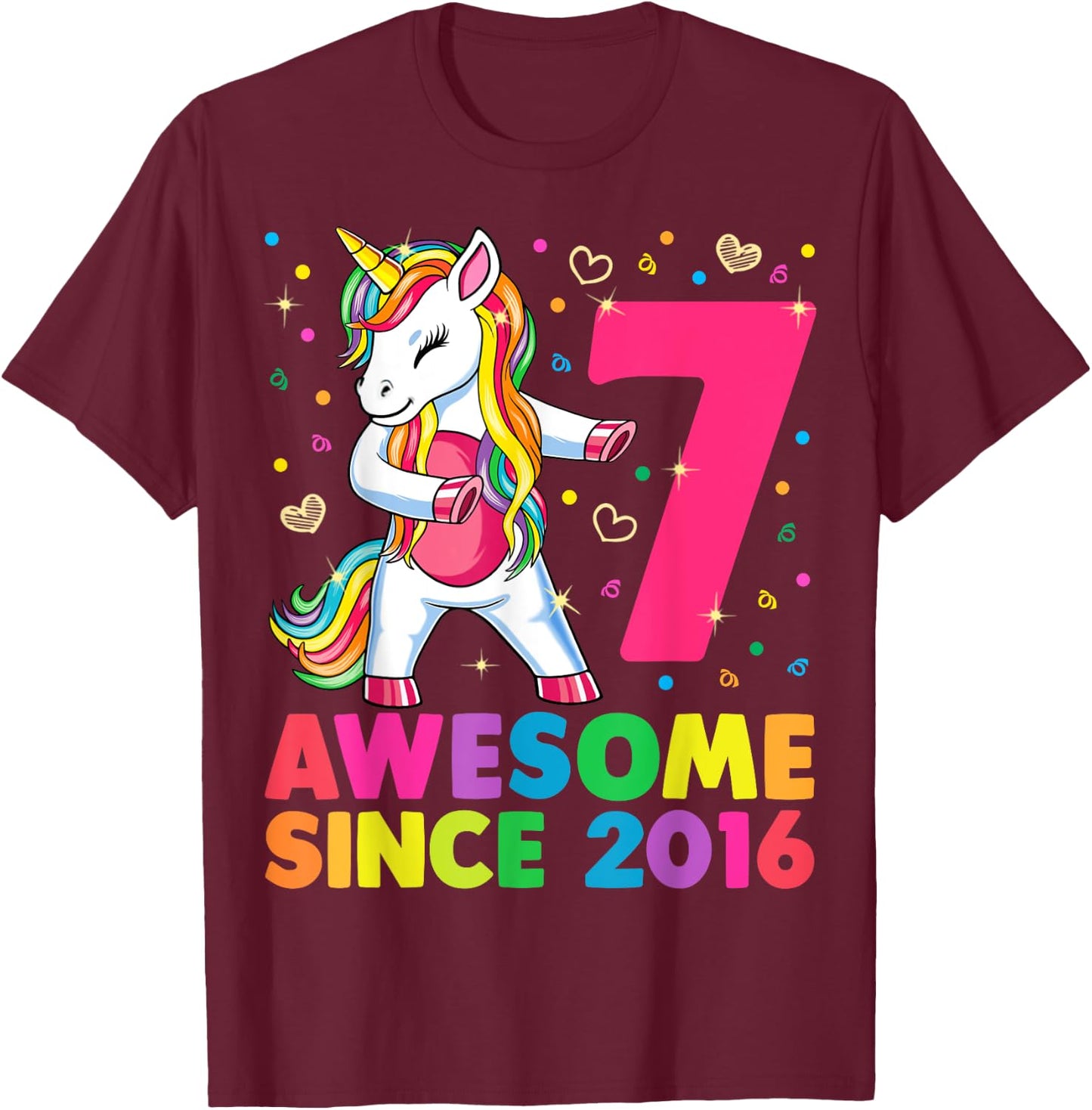 7 Years Old Unicorn Flossing 7th Birthday Girl Unicorn Party T-Shirt - T-Shirt | Maroon