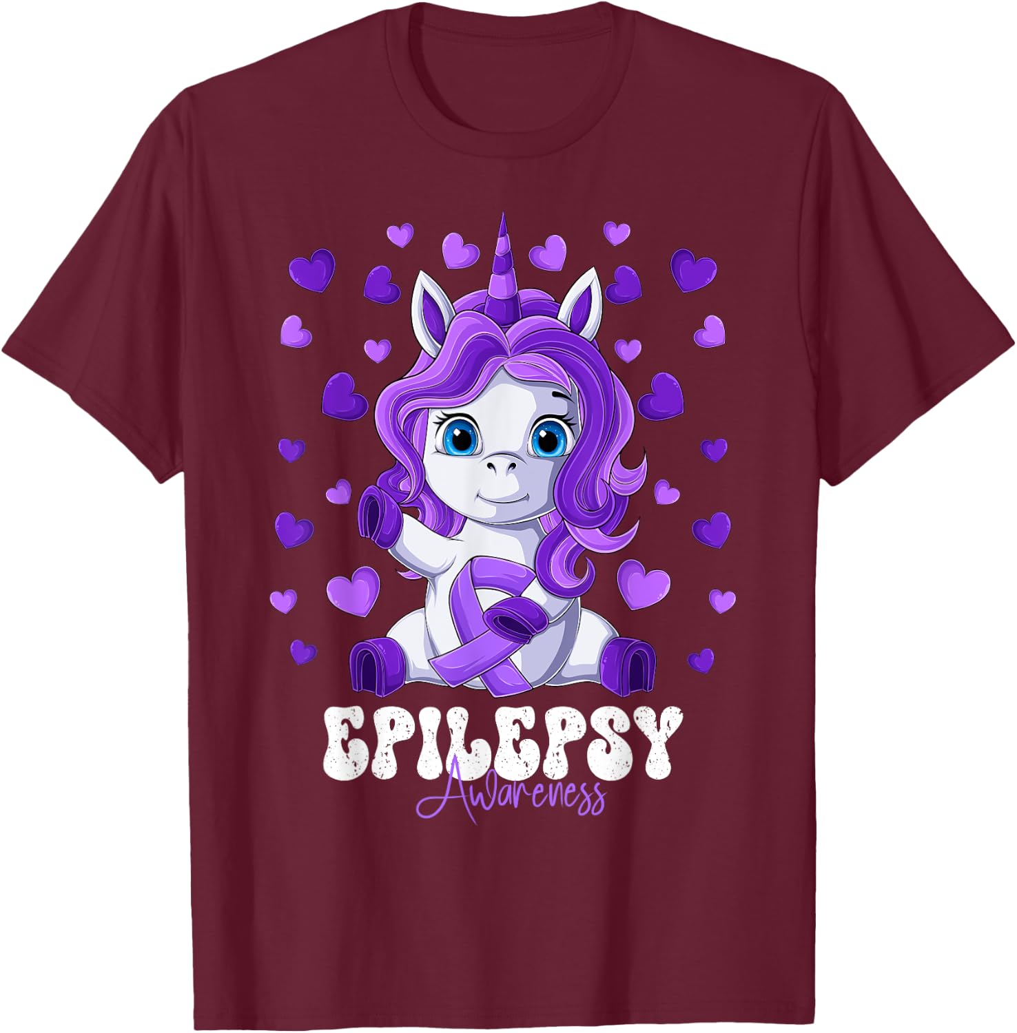 Epilepsy Awareness Month Purple Ribbon Unicorn T-Shirt - T-Shirt | Maroon