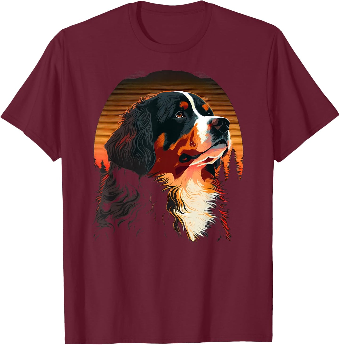 Bernese Mountain Dog at Sunset in the Woods Black Graphic Men Women Kids T-Shirt - T-Shirt | Maroon