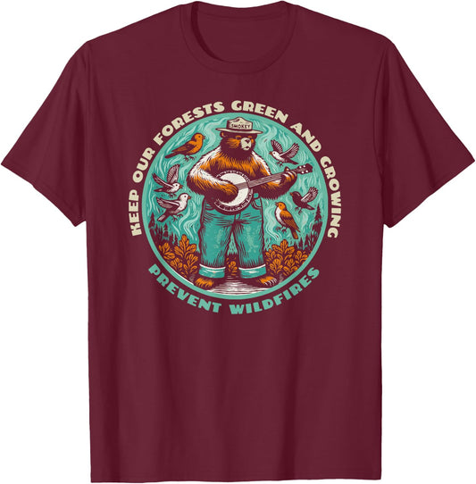 Prevent Wildfires Smokey Bear, Banjo & Birds T-Shirt - T-Shirt | Maroon