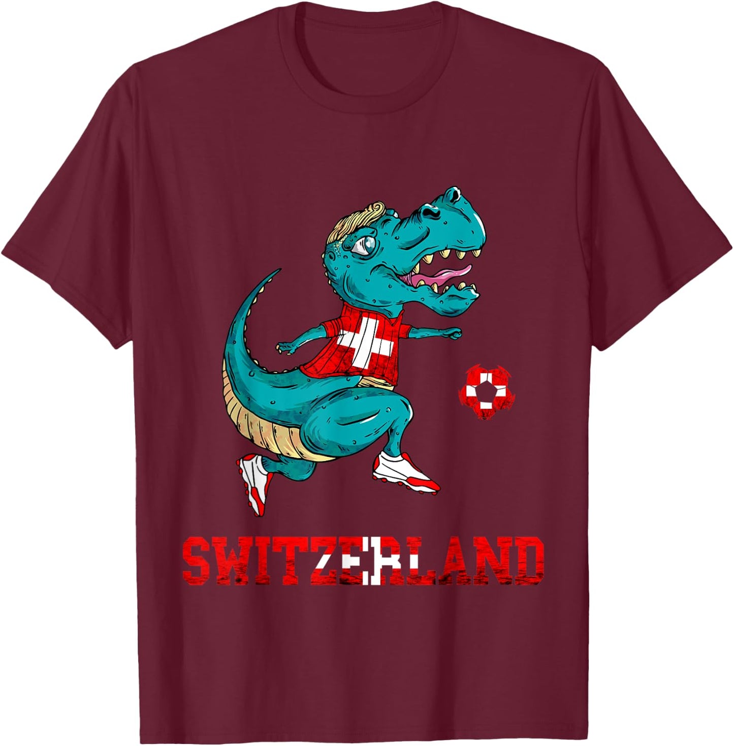 Swiss Football Team T-Rex Swiss Roots Switzerland Swiss Flag T-Shirt - T-Shirt | Maroon
