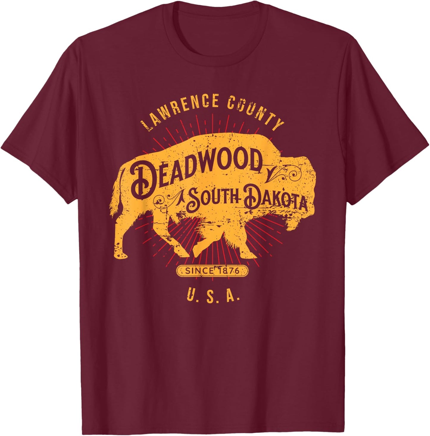 Deadwood South Dakota USA Distressed Bison Design Souvenir T-Shirt - T-Shirt | Maroon