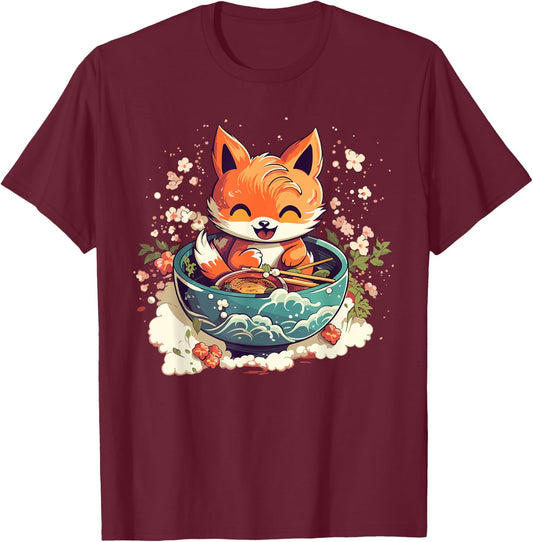Kawaii Fox Eating Ramen - Ramen Noodle Lovers - Fox-Themed T-Shirt - T-Shirt | Maroon
