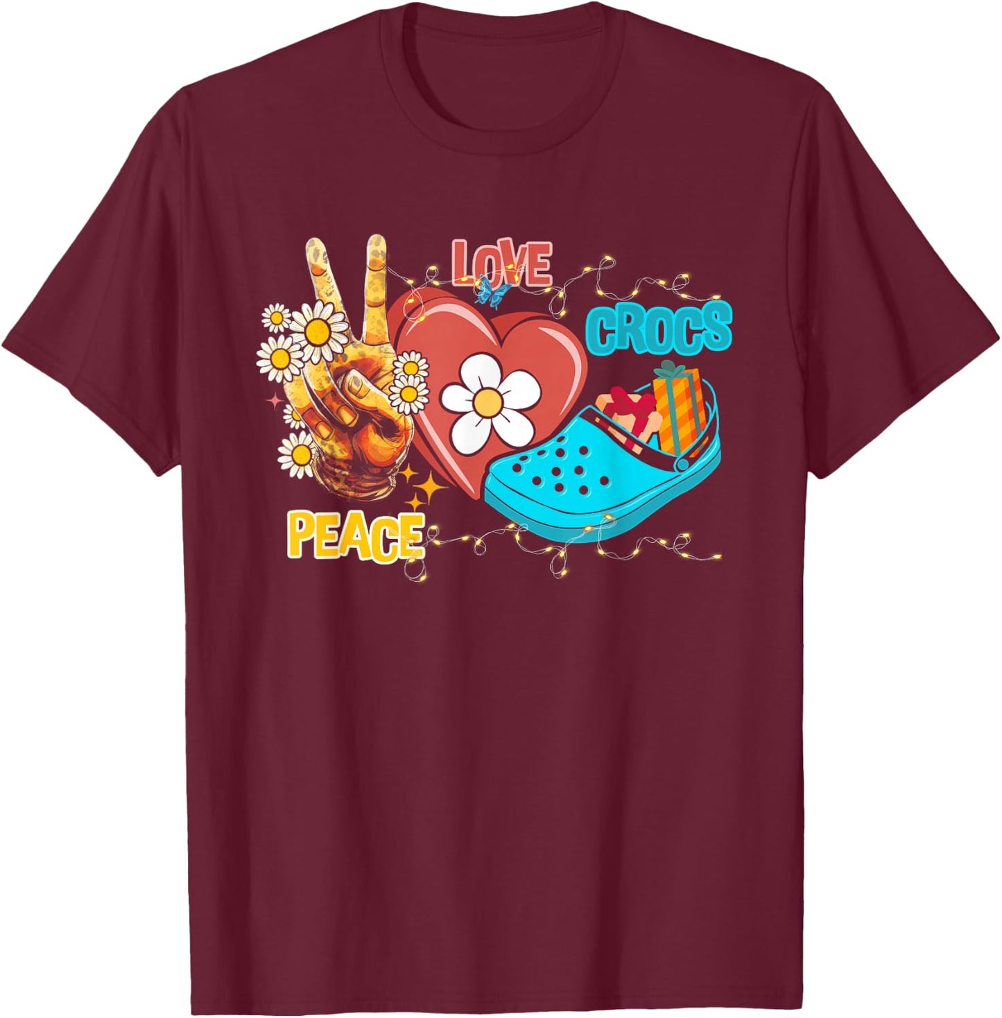 Skeleton Hand Peace Love-Crocs Family Xmas Pyjama Halloween T-Shirt - T-Shirt | Maroon