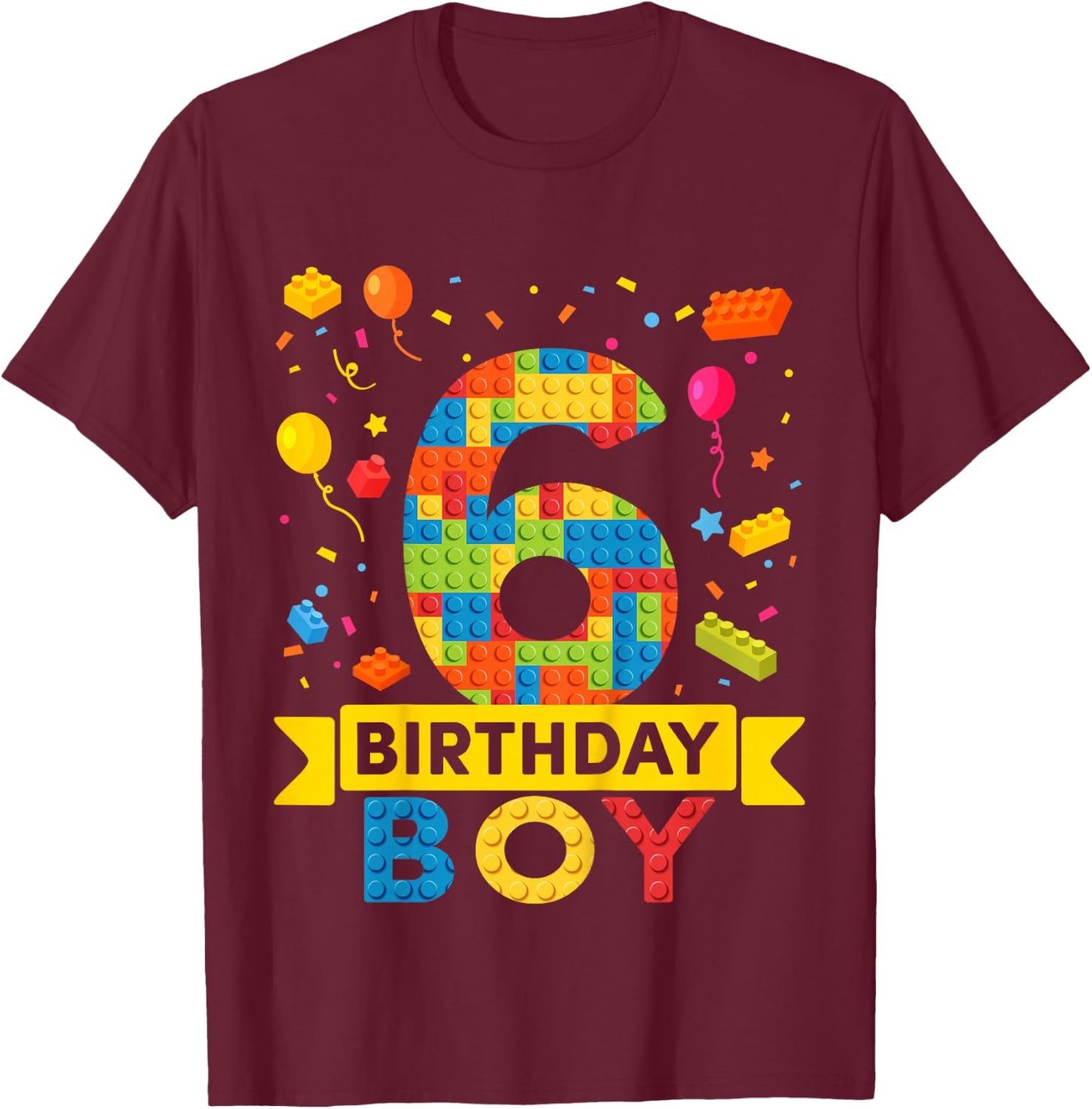 Kids 6 Year Old Building Blocks 6th Birthday Boy T-Shirt - T-Shirt | Maroon