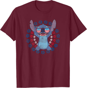 Disney Lilo & Stitch 4th of July Sunglasses Flag Americana T-Shirt - T-Shirt | Maroon