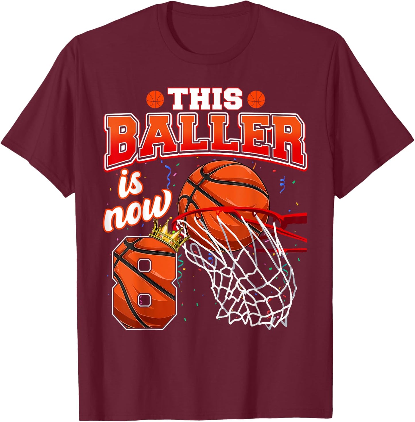 This Basketball Baller Is Now 8 Years Old Happy My Birthday T-Shirt - T-Shirt | Maroon