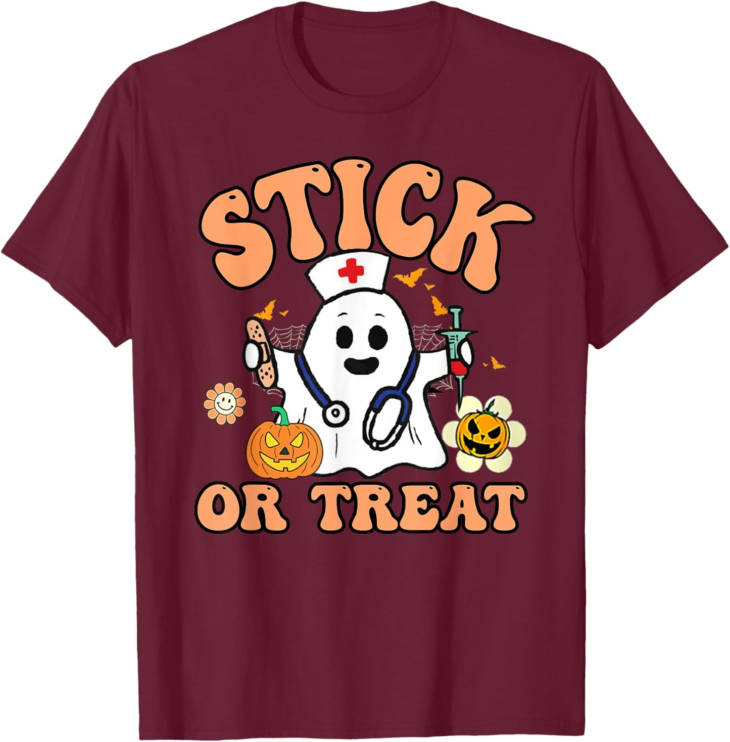 Groovy Stick Or Treat Funny Halloween Nurse T-Shirt - T-Shirt | Maroon