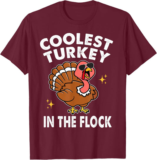 Coolest Turkey In The Flock Thanksgiving Shirts Kids Boys T-Shirt - T-Shirt | Maroon