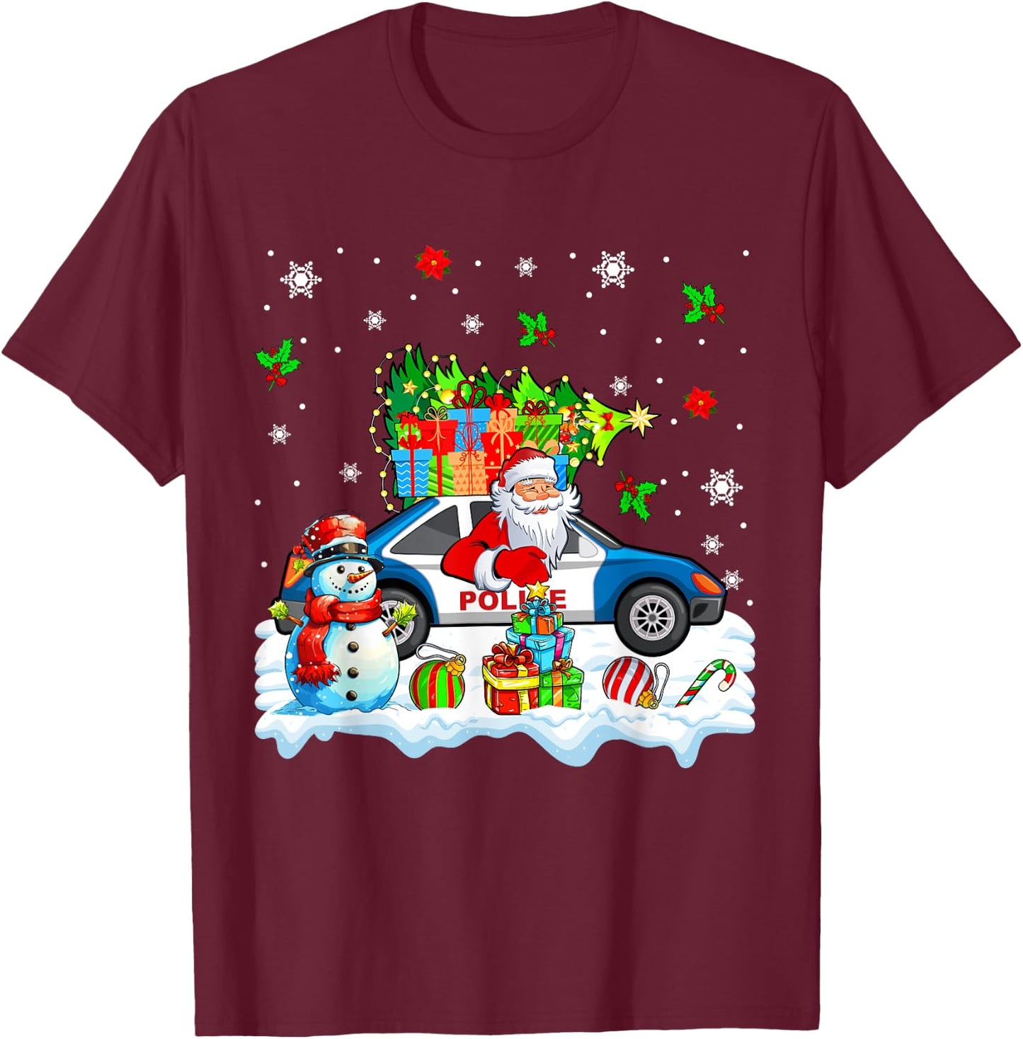 Santa Carrying Christmas Tree On Police Car Snowman Driver T-Shirt - T-Shirt | Maroon