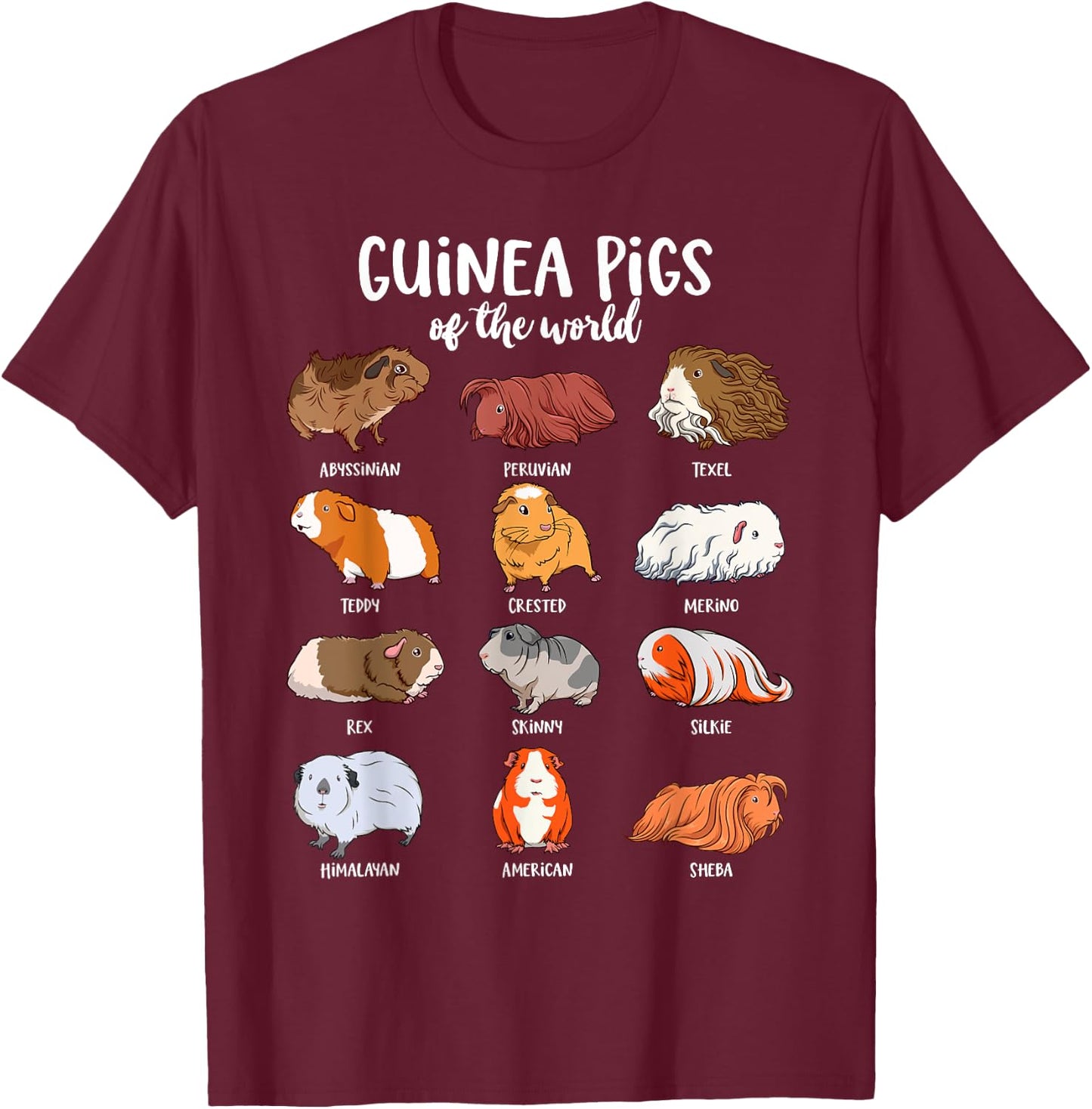 Cartoon guinea pigs - Types of Guinea pigs T-Shirt - T-Shirt | Maroon