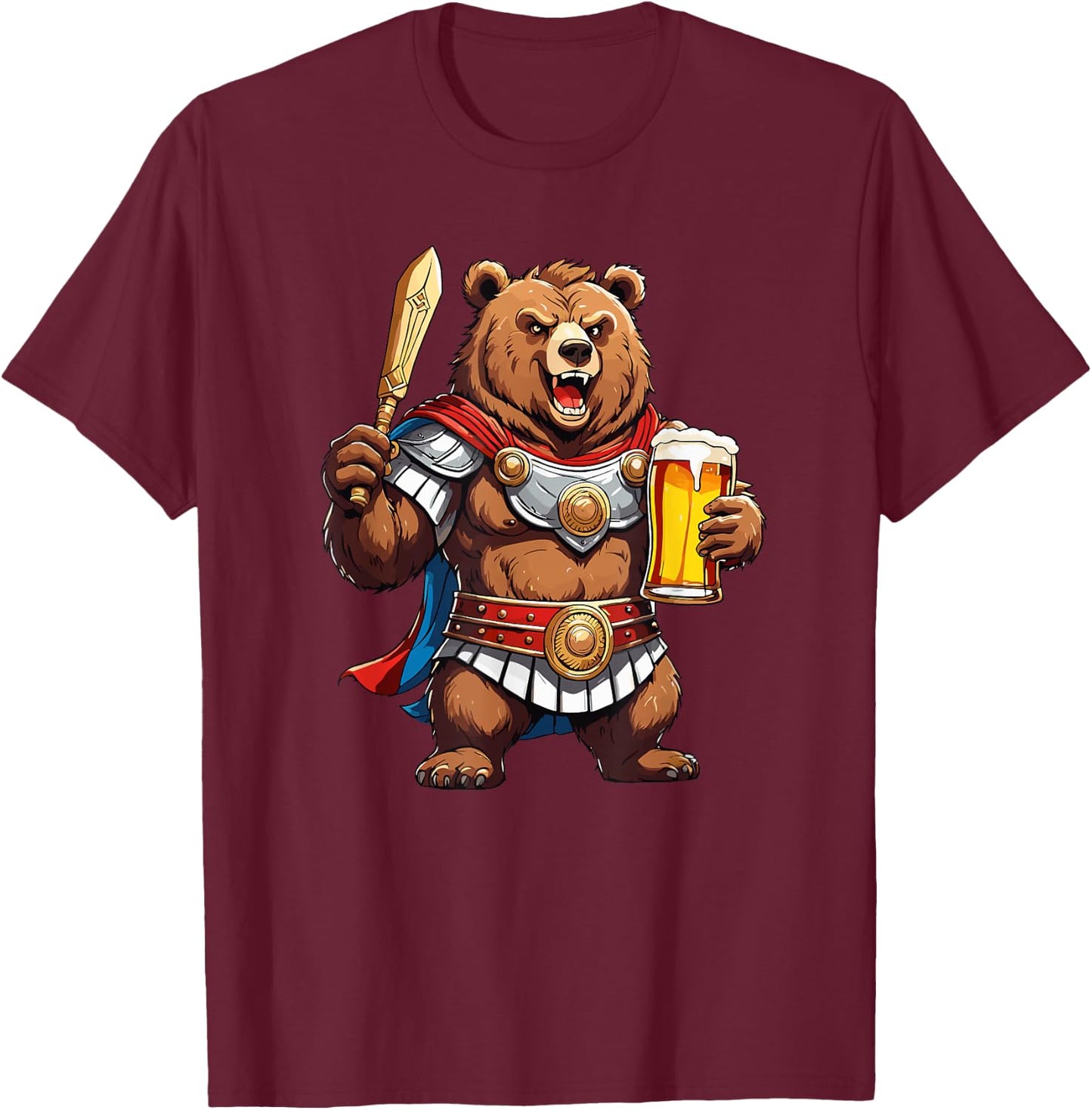 Funny Bear Grizzly as Roman Warrior T-Shirt - T-Shirt | Maroon