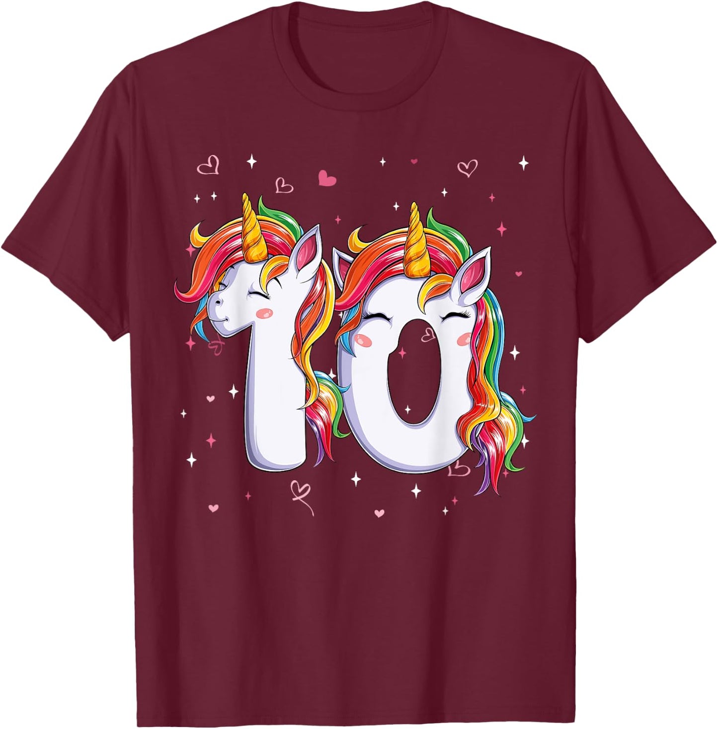 Unicorn Ten 10 Years Old 10th Birthday Girl Bday Party Kids T-Shirt - T-Shirt | Maroon