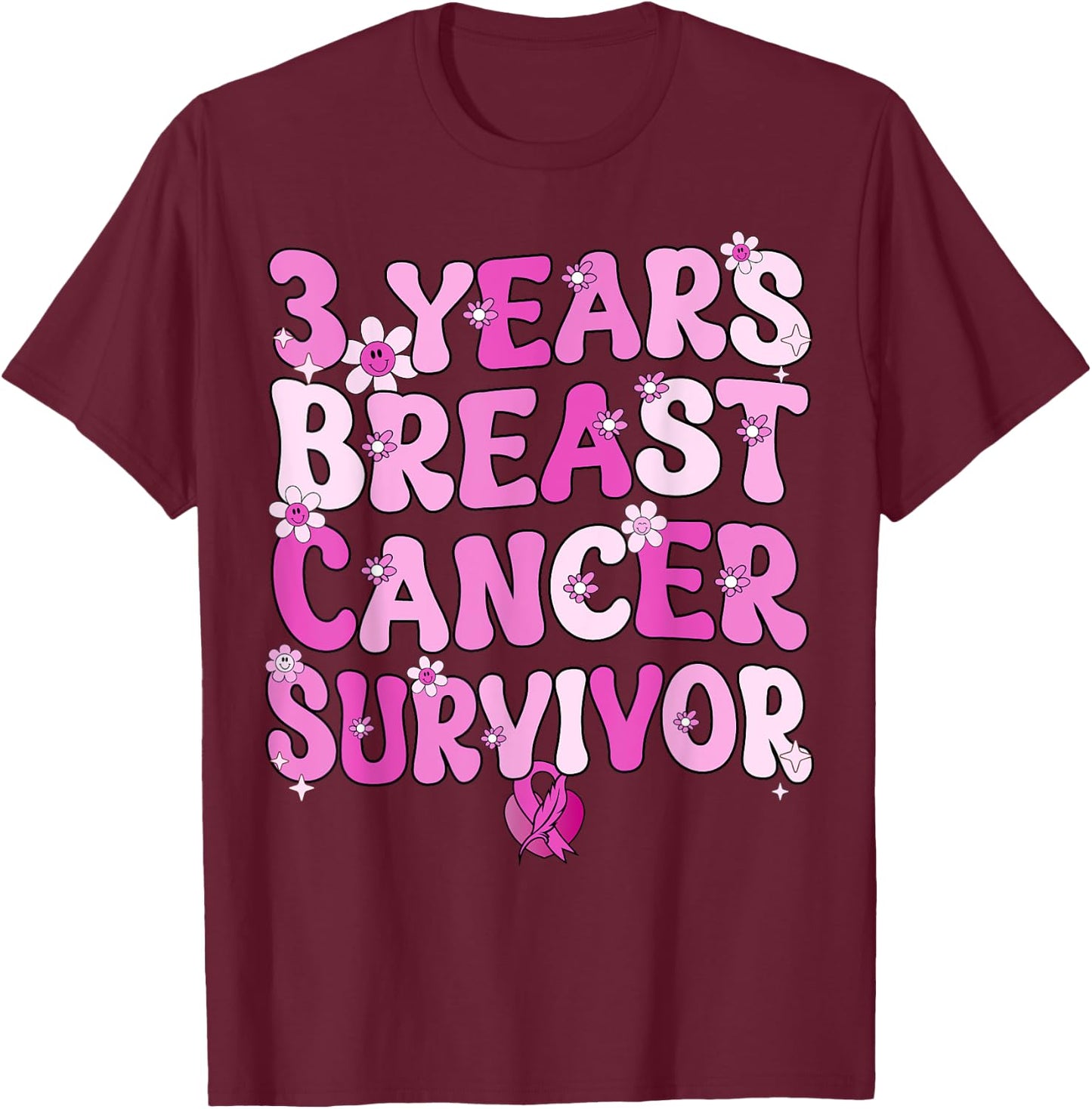 Groovy 3 Year Breast Cancer Survivor Breast Cancer Awareness T-Shirt - T-Shirt | Maroon