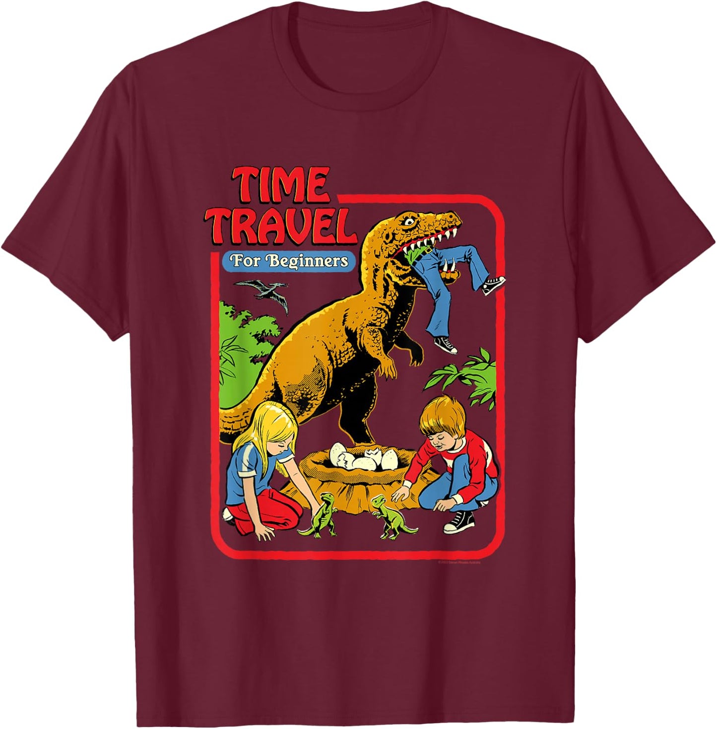 Steven Rhodes Time Travel T-Rex Dinosaur Retro Dark Humor T-Shirt - T-Shirt | Maroon