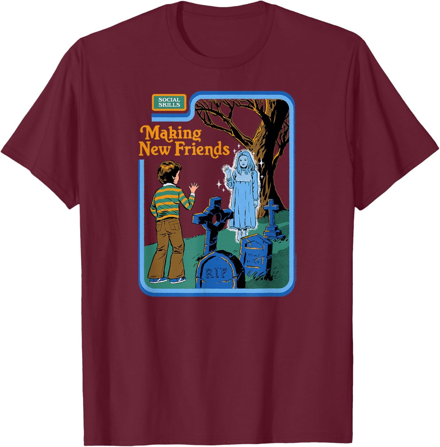 Steven Rhodes Making New Friends Ghost Retro Dark Humor T-Shirt - T-Shirt | Maroon