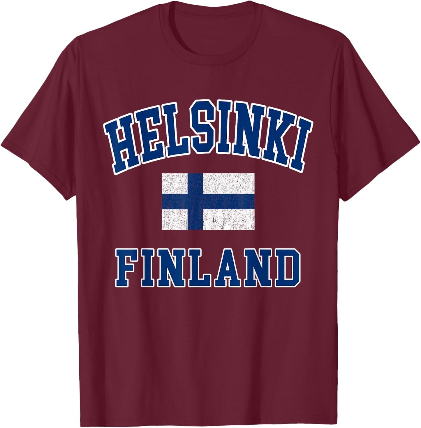 Helsinki Finland Flag Distressed Vintage Europe College Font T-Shirt - T-Shirt | Maroon