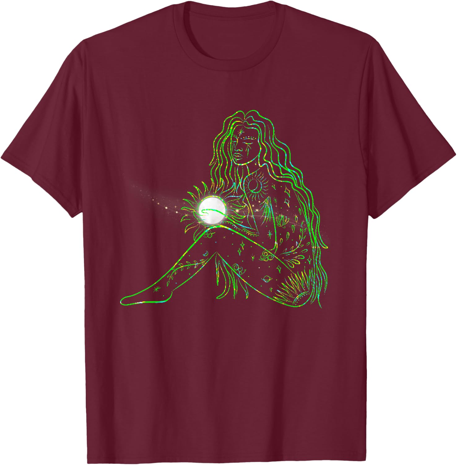 Mother Earth Gaia Goddess Holding Full Moon Graphics T-Shirt - T-Shirt | Maroon