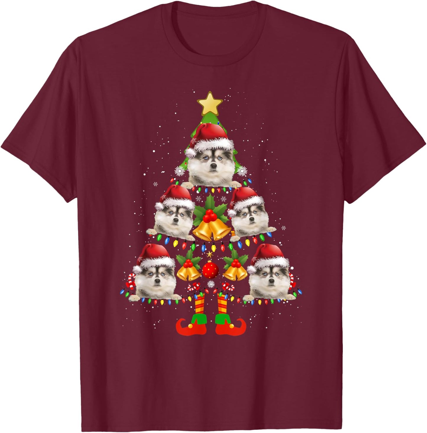 Funny Pomsky Christmas Lights Tree Dog Lover Xmas T-Shirt - T-Shirt | Maroon