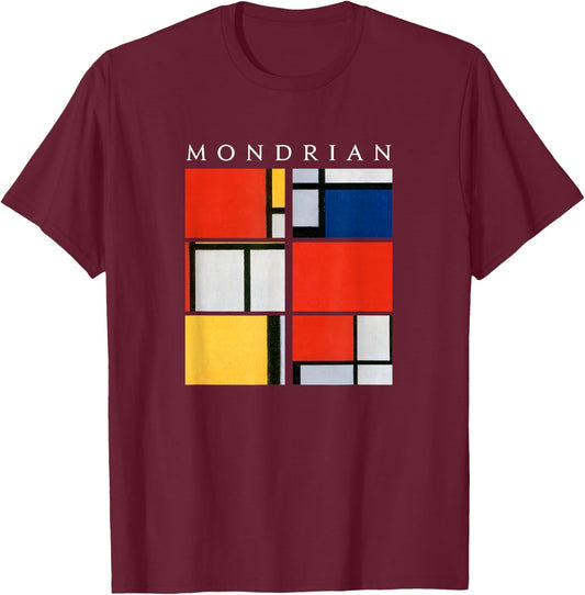 Mondrian: Composition with Red, Yellow, Blue, & Black (1921) T-Shirt - T-Shirt | Maroon