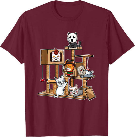 Funny Horror Movie Kitten Playing On Cat Tree T-Shirt - T-Shirt | Maroon