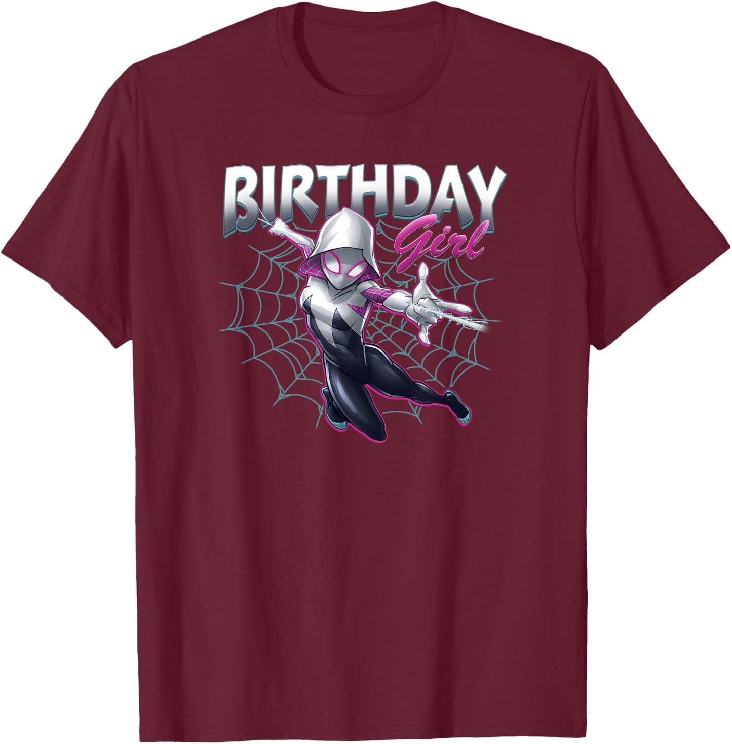 Marvel Spider-Man Spider-Gwen Birthday Girl Neon Web Swing T-Shirt - T-Shirt | Maroon