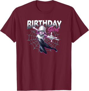 Marvel Spider-Man Spider-Gwen Birthday Girl Neon Web Swing T-Shirt - T-Shirt | Maroon