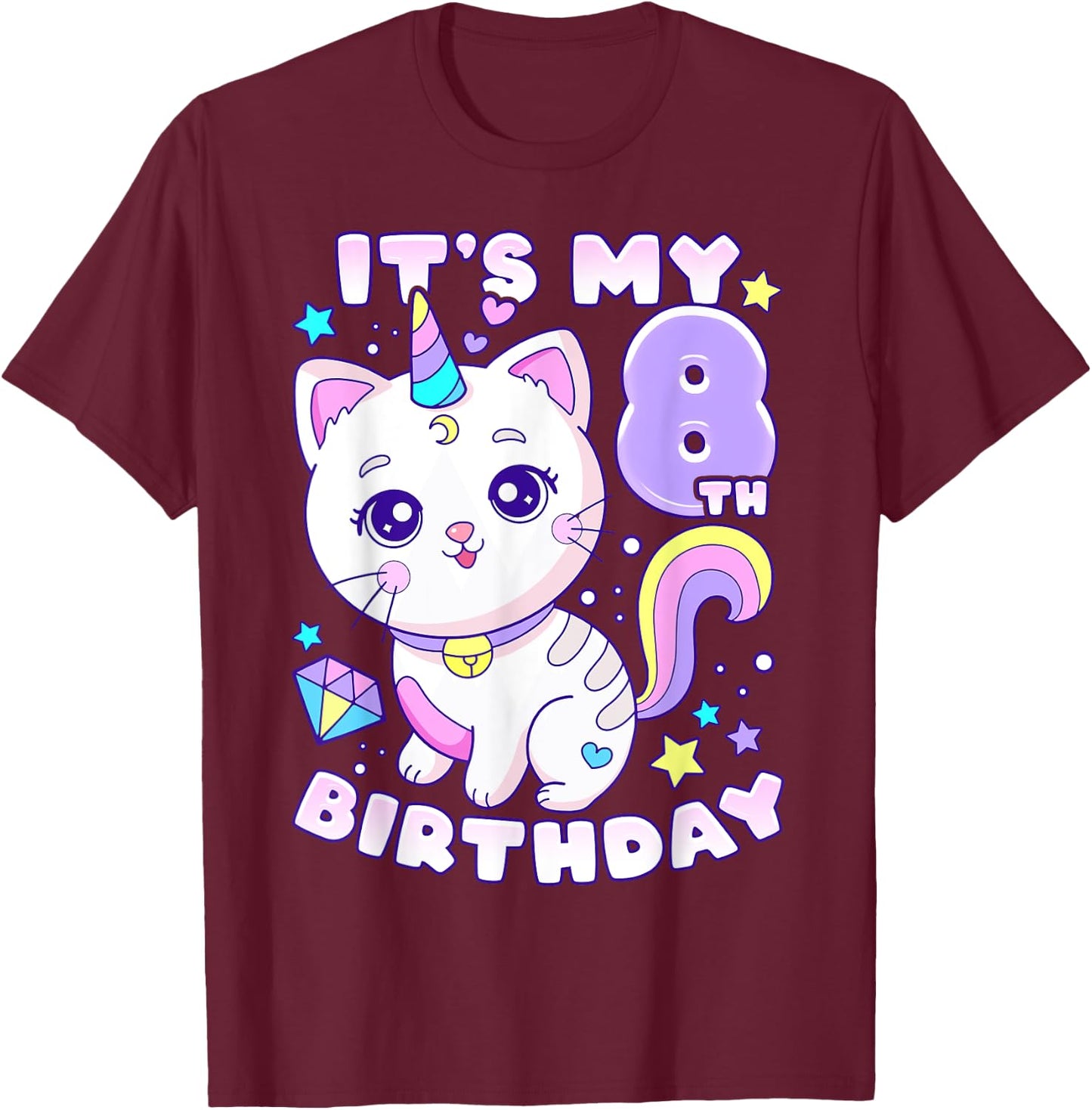 Birthday girl 8 years old, cat, unicorn, 8th birthday T-Shirt - T-Shirt | Maroon