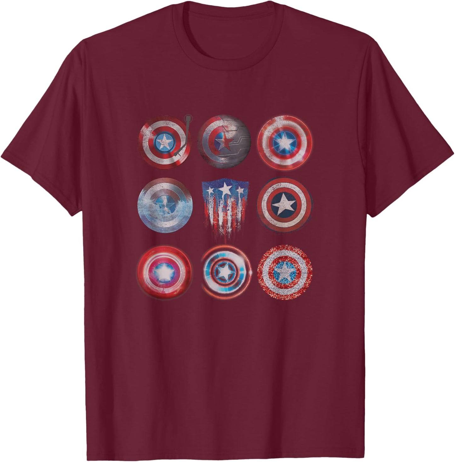 Marvel Comics Retro Classic Captain America Shields Variety T-Shirt - T-Shirt | Maroon