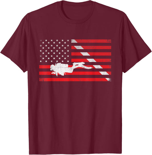 Scuba Diving - USA Flag Underwater Ocean Scuba Diver T-Shirt - T-Shirt | Maroon