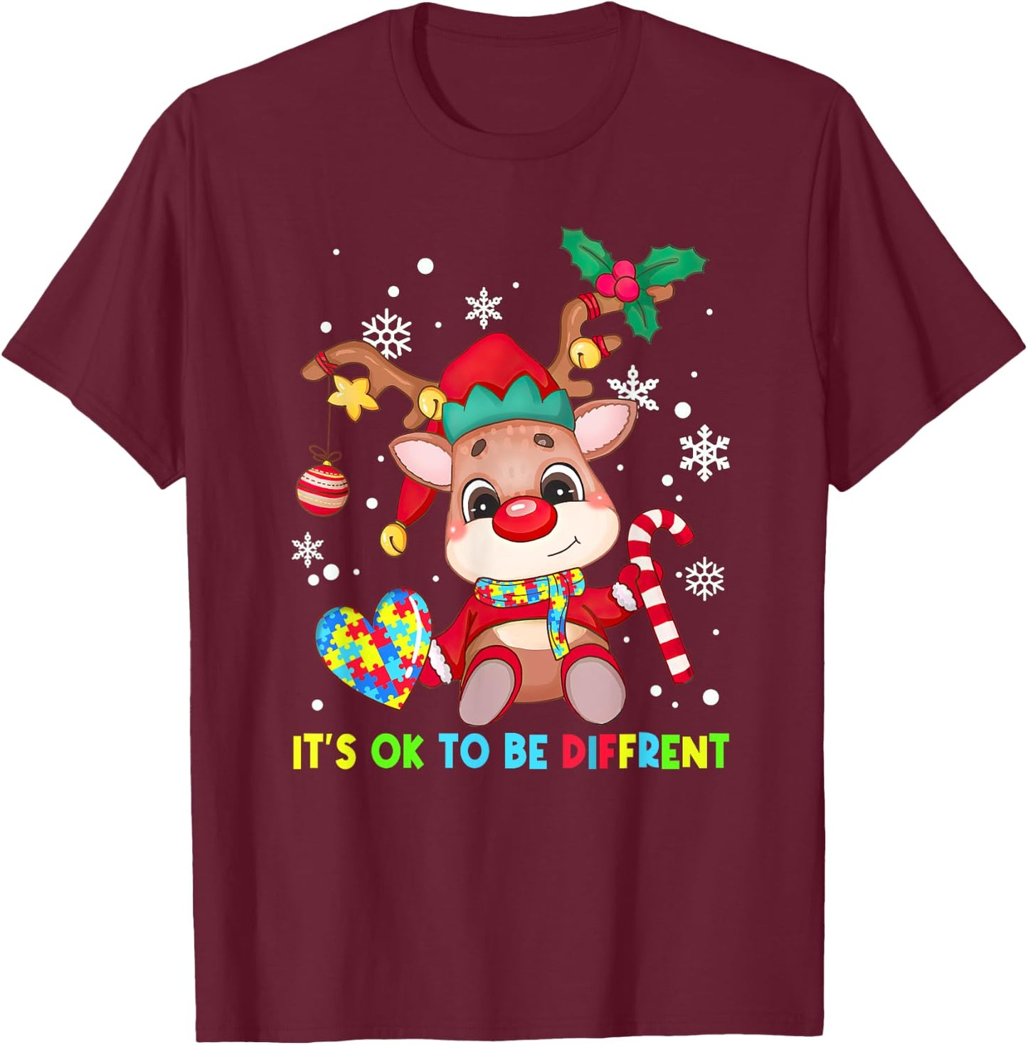 It's Ok To Be Different Reindeer Autism Awareness Christmas T-Shirt - T-Shirt | Maroon