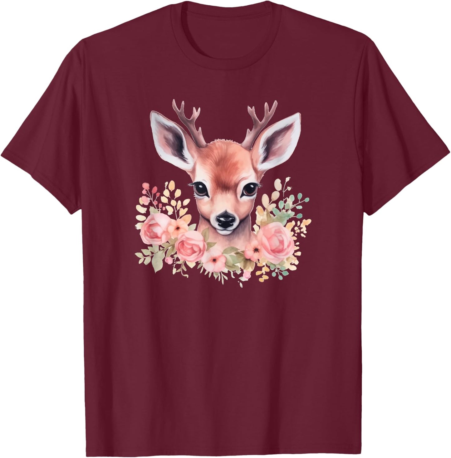 Fawn with Flowers Pink Deer Illustration Cute Deer T-Shirt - T-Shirt | Maroon