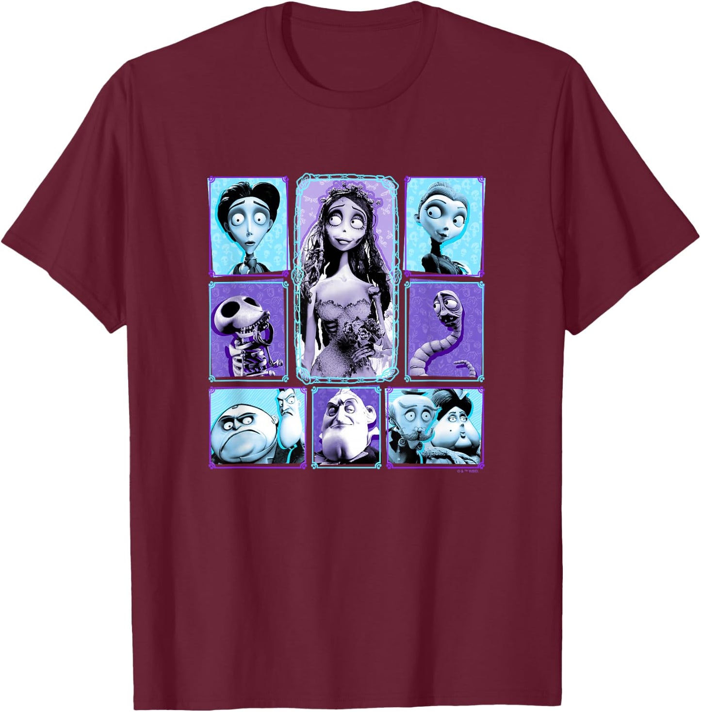 Corpse Bride Main Characters Panels Group Shot T-Shirt - T-Shirt | Maroon