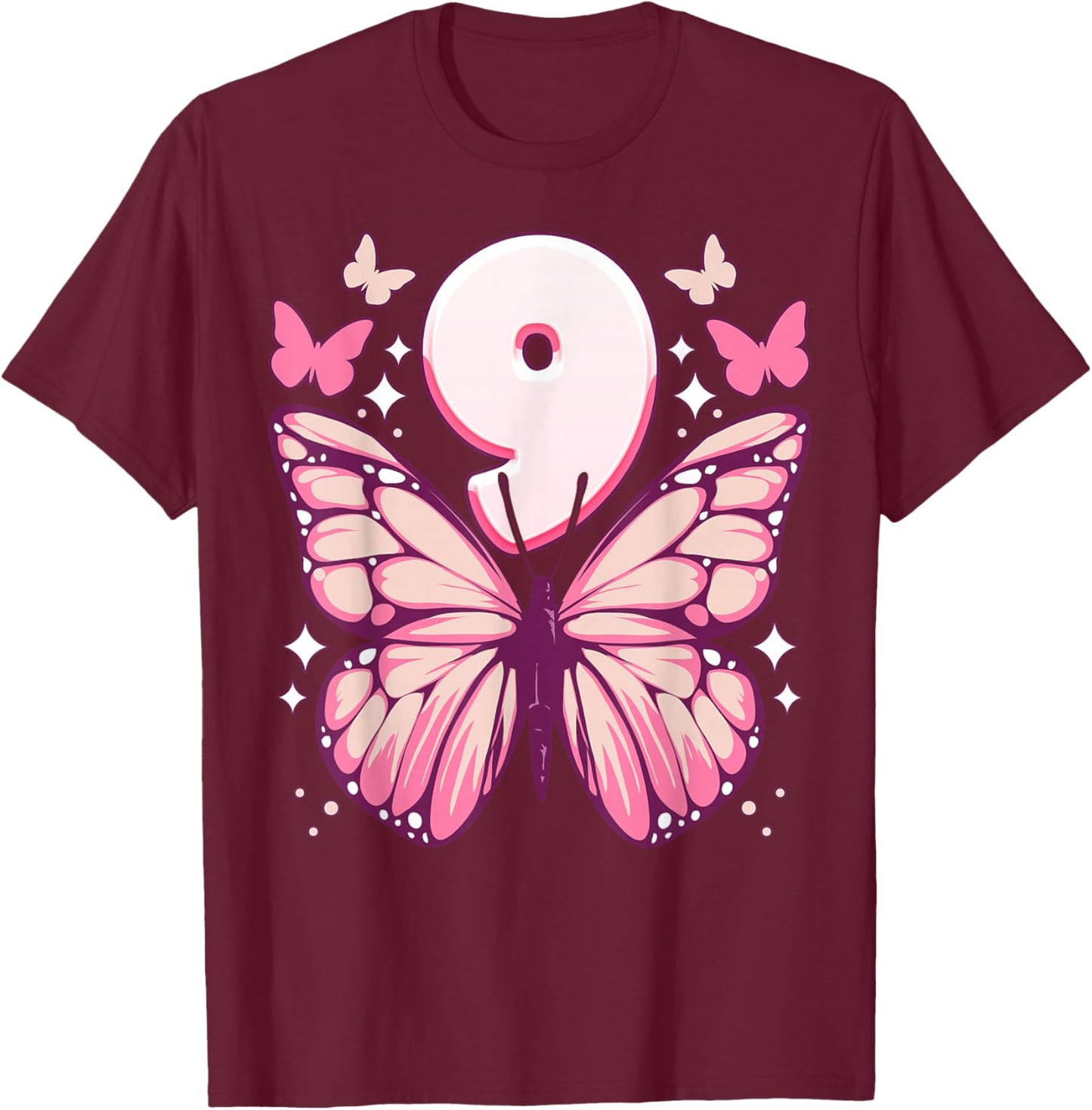 Birthday Girl 9 Years, Butterflies and Number 9 T-Shirt - T-Shirt | Maroon