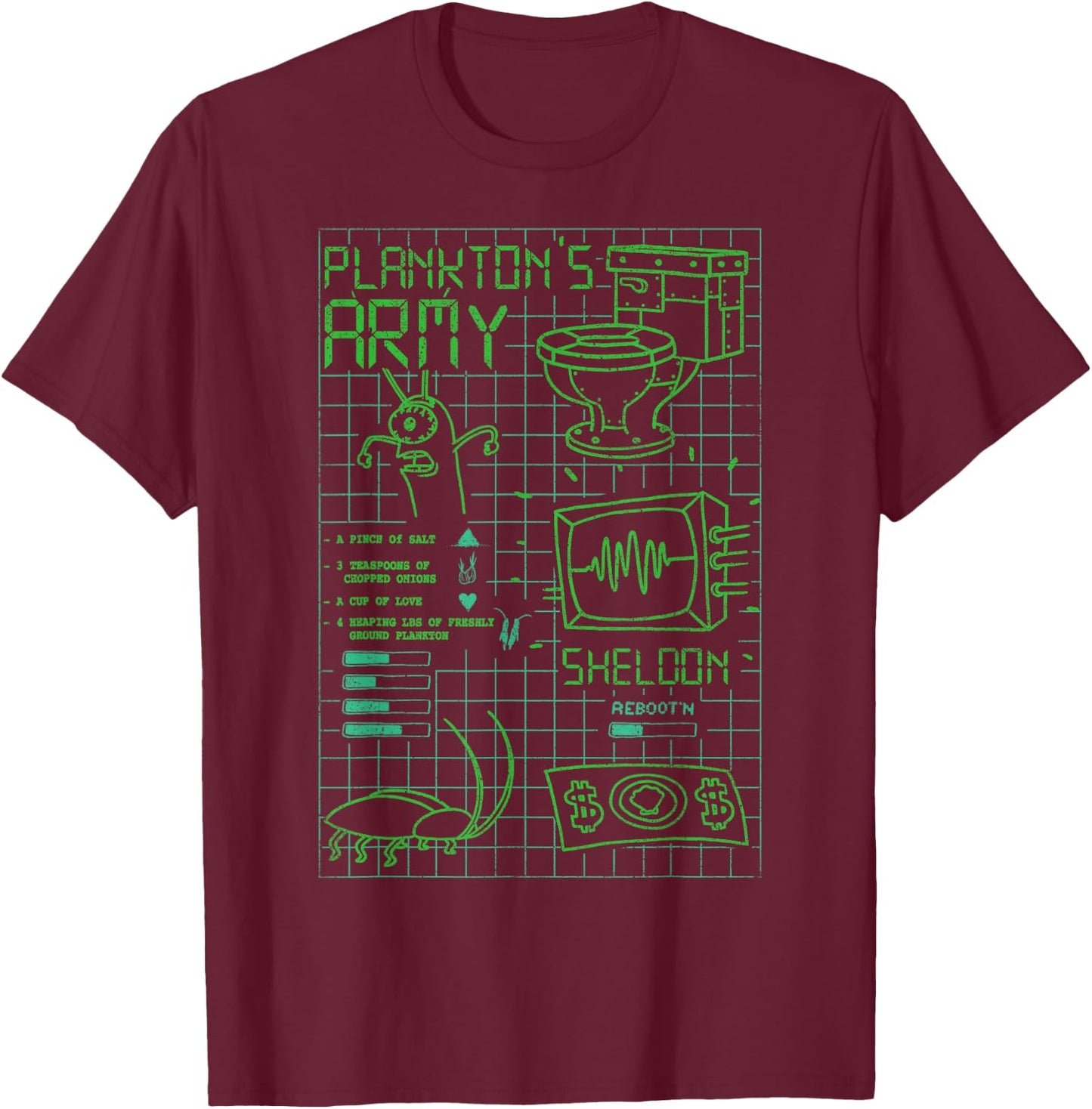 Spongebob Squarepants Plankton's Army Karen Data Grid Logo T-Shirt - T-Shirt | Maroon