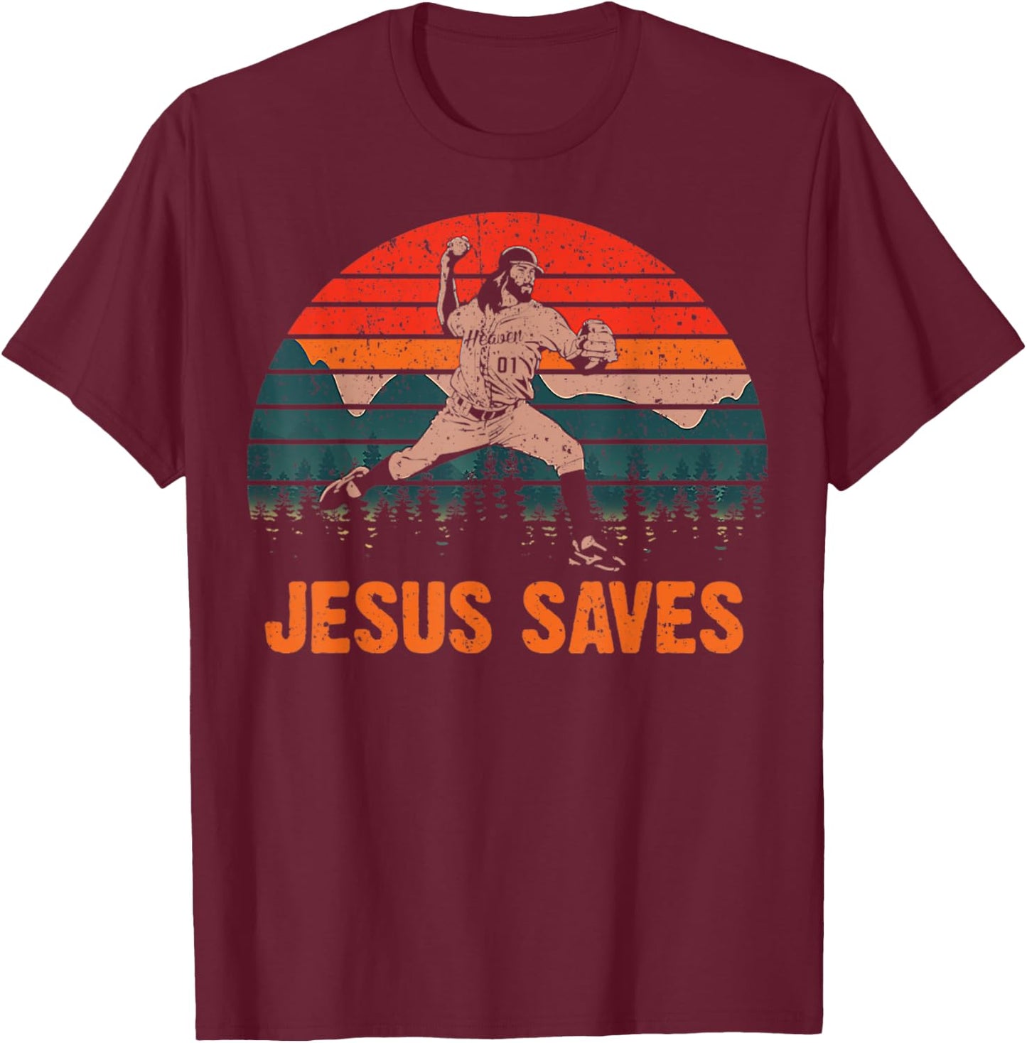 Vintage Jesus Saves Baseball Pitcher Retro 80s T-Shirt - T-Shirt | Maroon