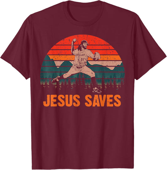 Vintage Jesus Saves Baseball Pitcher Retro 80s T-Shirt - T-Shirt | Maroon