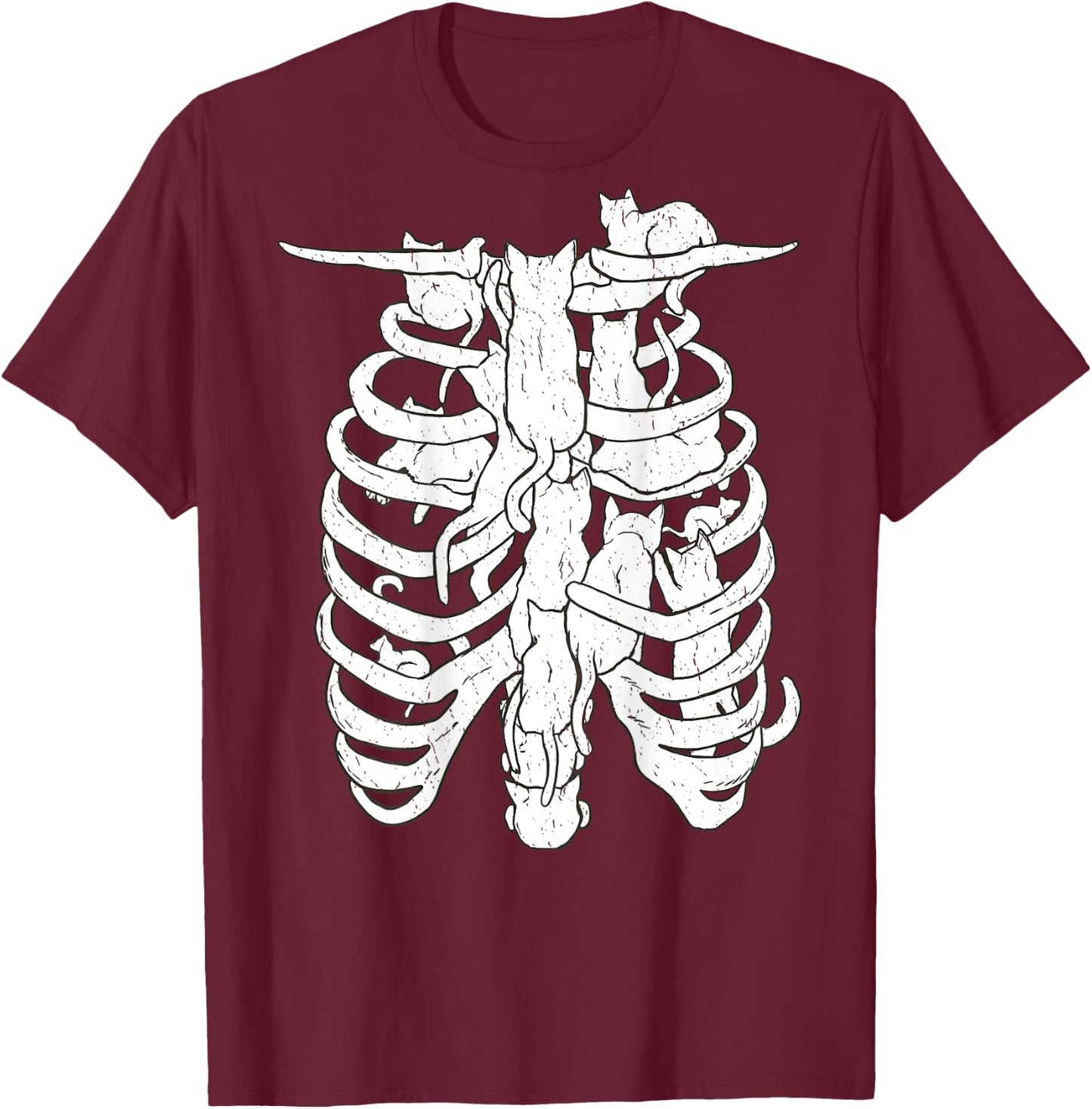 Skeleton body and cat, Halloween Costume Rib cage Anatomy T-Shirt - T-Shirt | Maroon