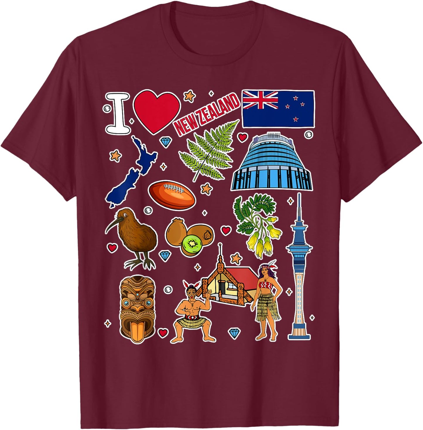 NZ hand drawn symbols, New Zealand map, cultural icons T-Shirt - T-Shirt | Maroon