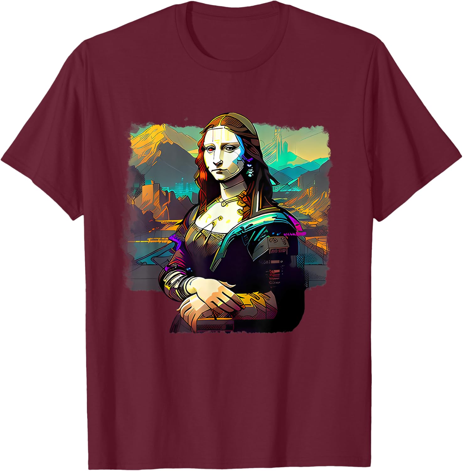 Cyberpunk Aesthetic - Cyberpunk Mona Lisa - Famous Painting T-Shirt - T-Shirt | Maroon