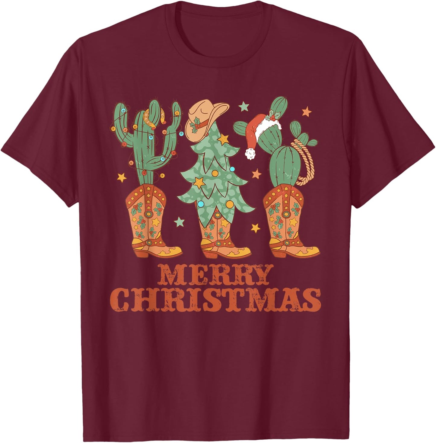 Cowboy Boots Christmas Tree Lights Western Merry Christmas T-Shirt - T-Shirt | Maroon