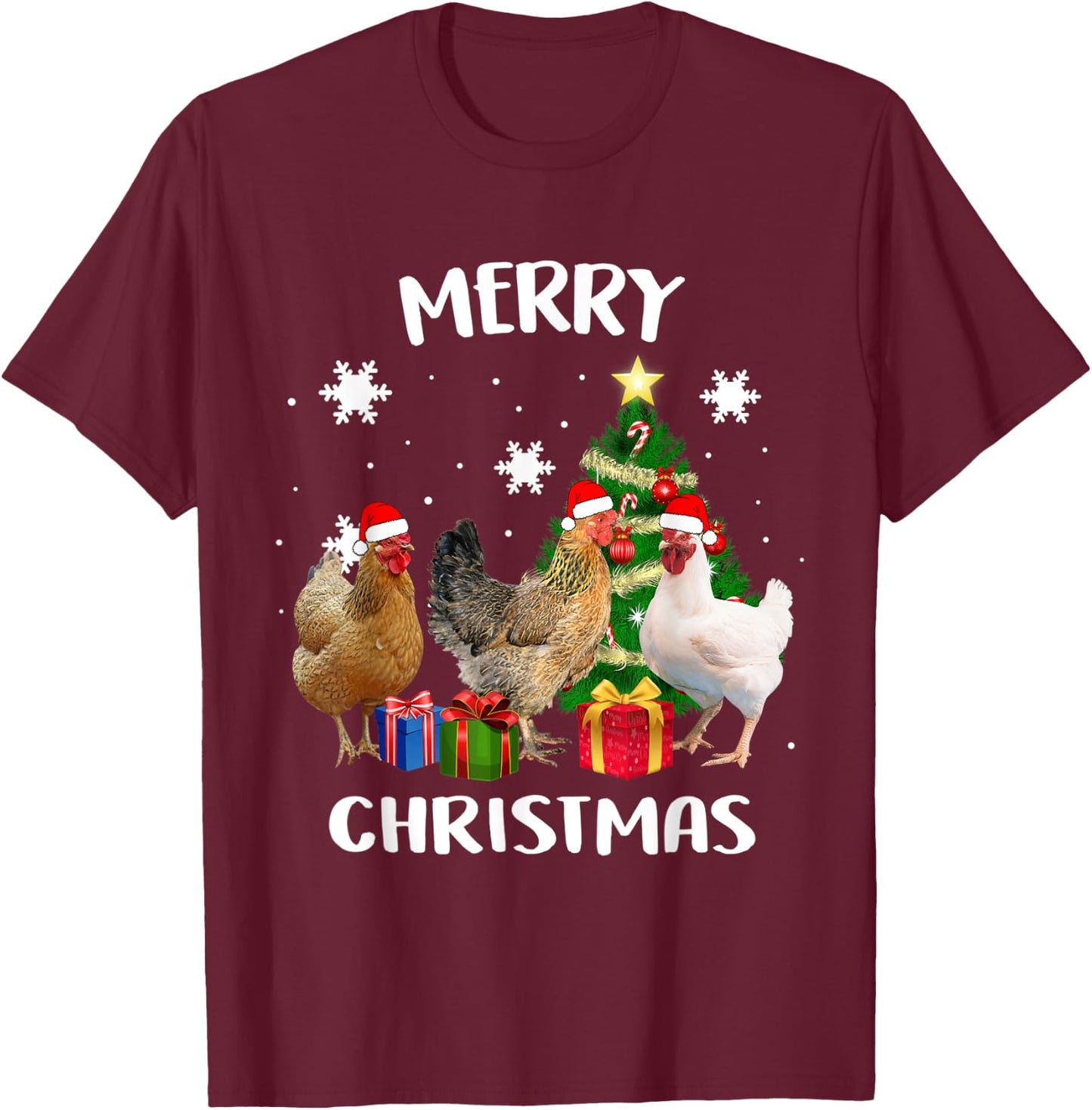 Funny Ugly Chicken Christmas Tree Shirt Santa Hat Hen Lovers T-Shirt - T-Shirt | Maroon