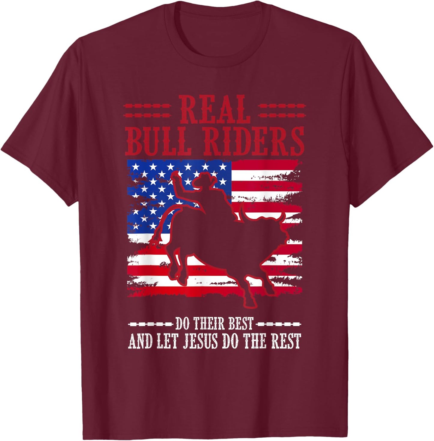 Bull Riding American Flag Rodeo Patriotic Christian Rider T-Shirt - T-Shirt | Maroon