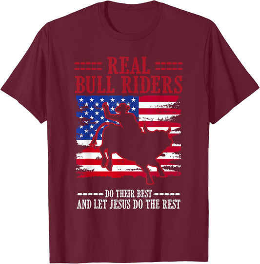 Bull Riding American Flag Rodeo Patriotic Christian Rider T-Shirt - T-Shirt | Maroon